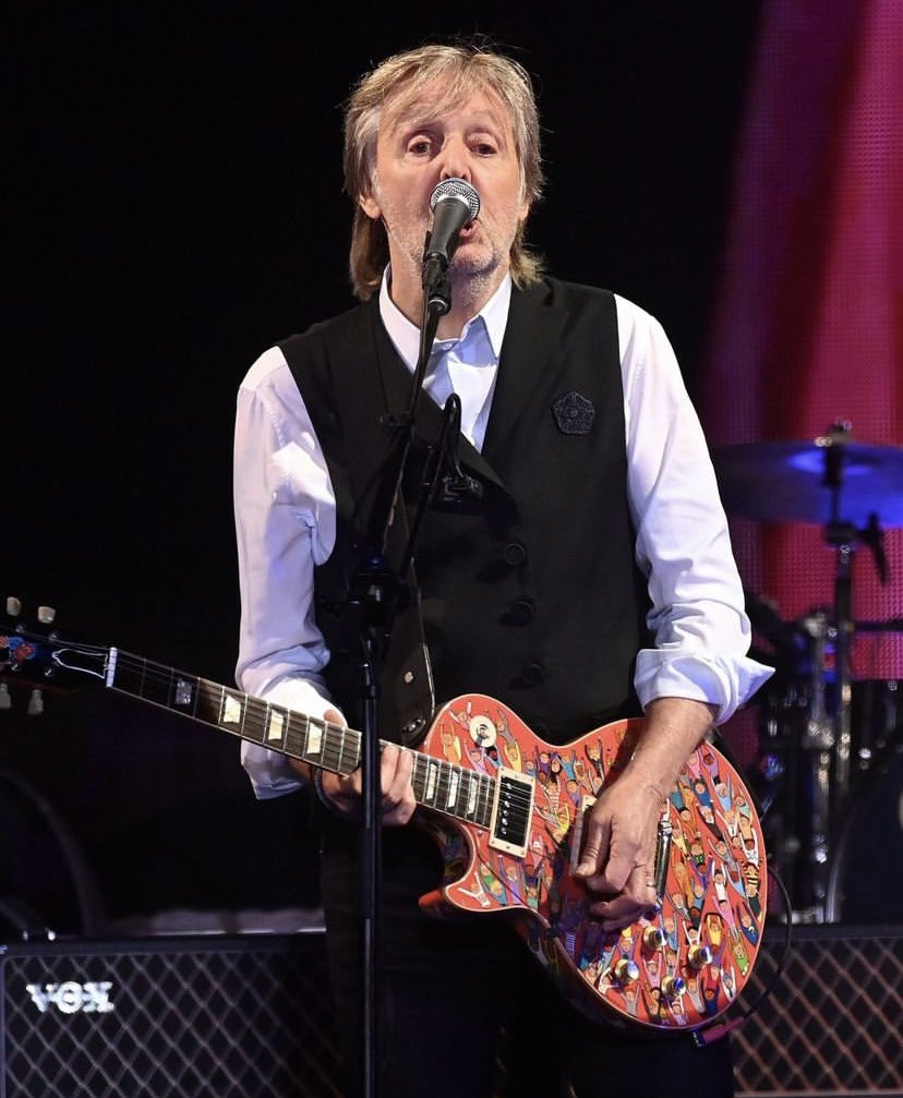 Sir Paul McCartney playing custom-painted Les Paul guitar by Rosie Brooks at Glastonbury